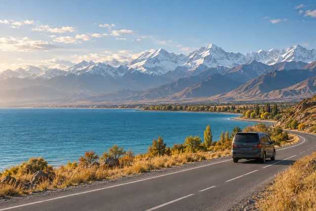 Illustrazione generata con IA di una strada sul lago ispirata al viaggio verso Karakol