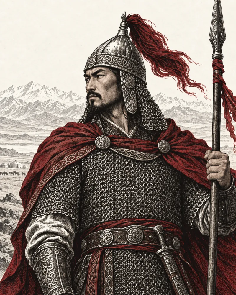 Illustrated portrait of Almambet in chainmail and a crimson mantle, holding a spear.
