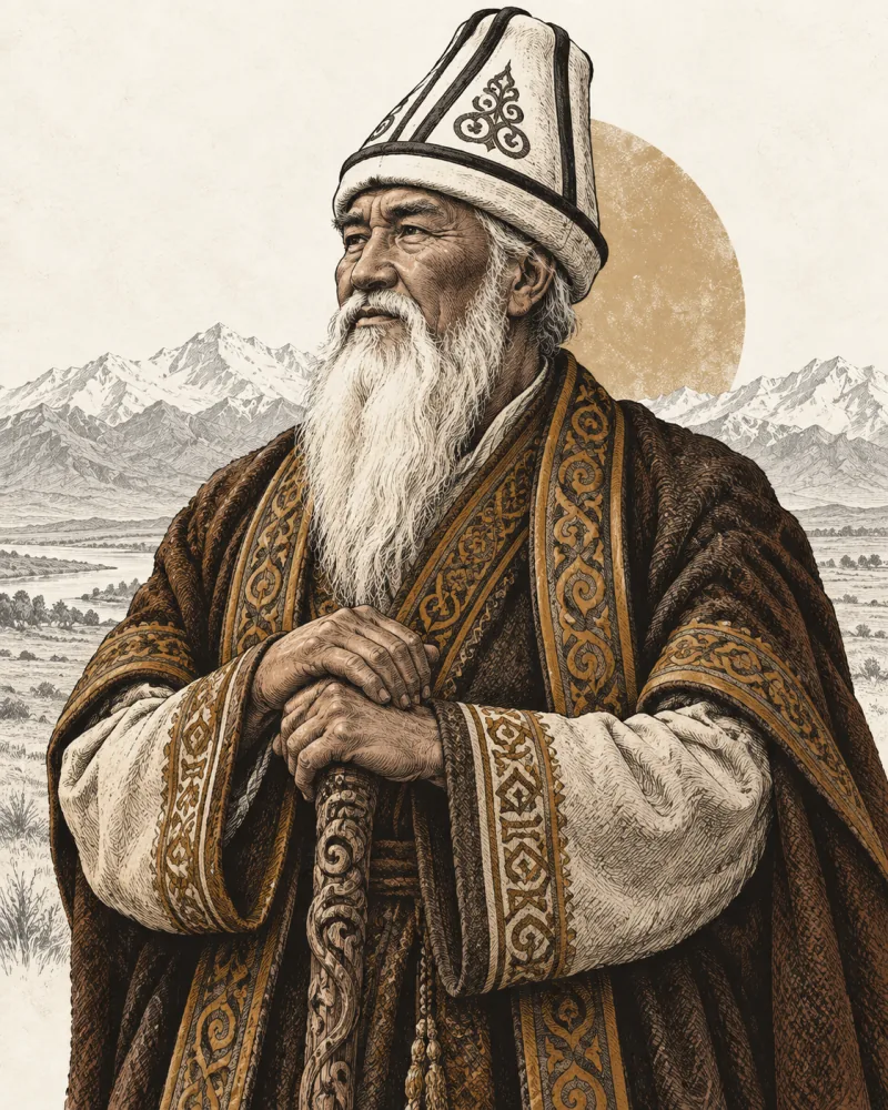 Illustrated portrait of Bakai, the white-bearded counselor in a felt kalpak.