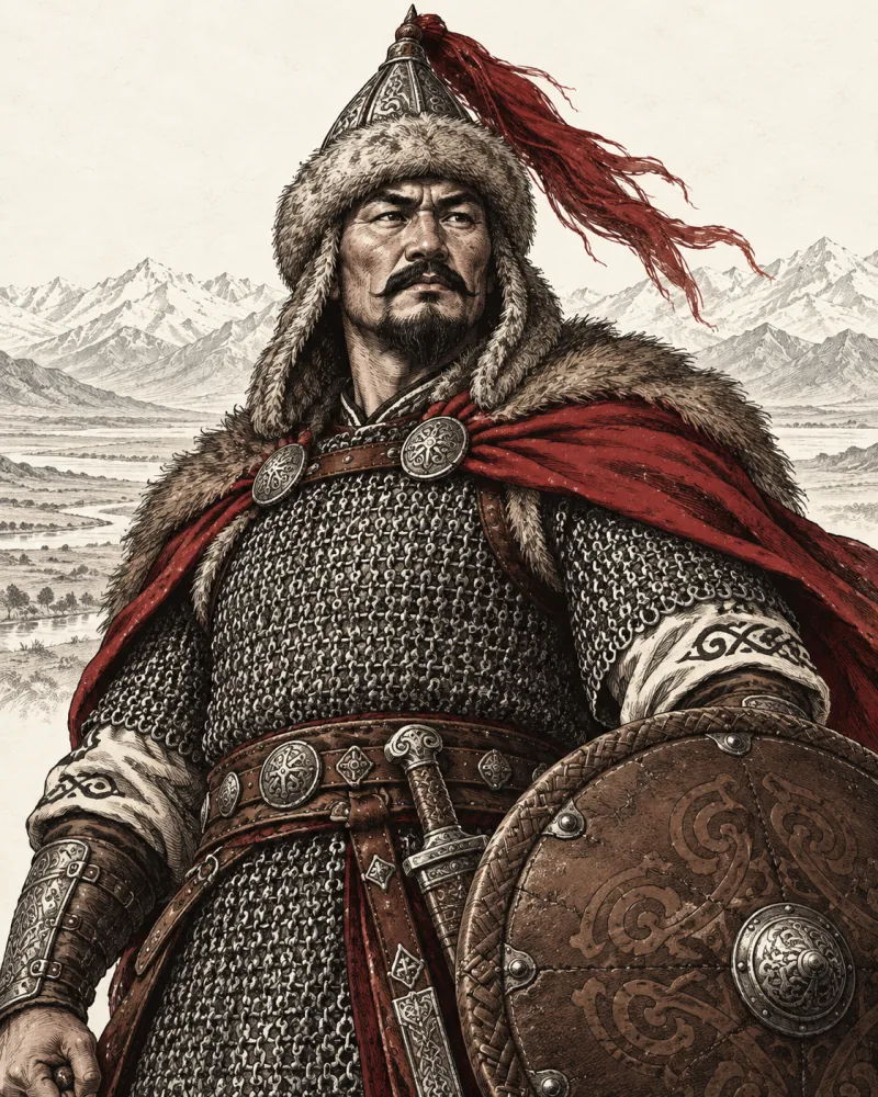 Illustrated portrait of Chubak in fur-trimmed armor with a round shield.