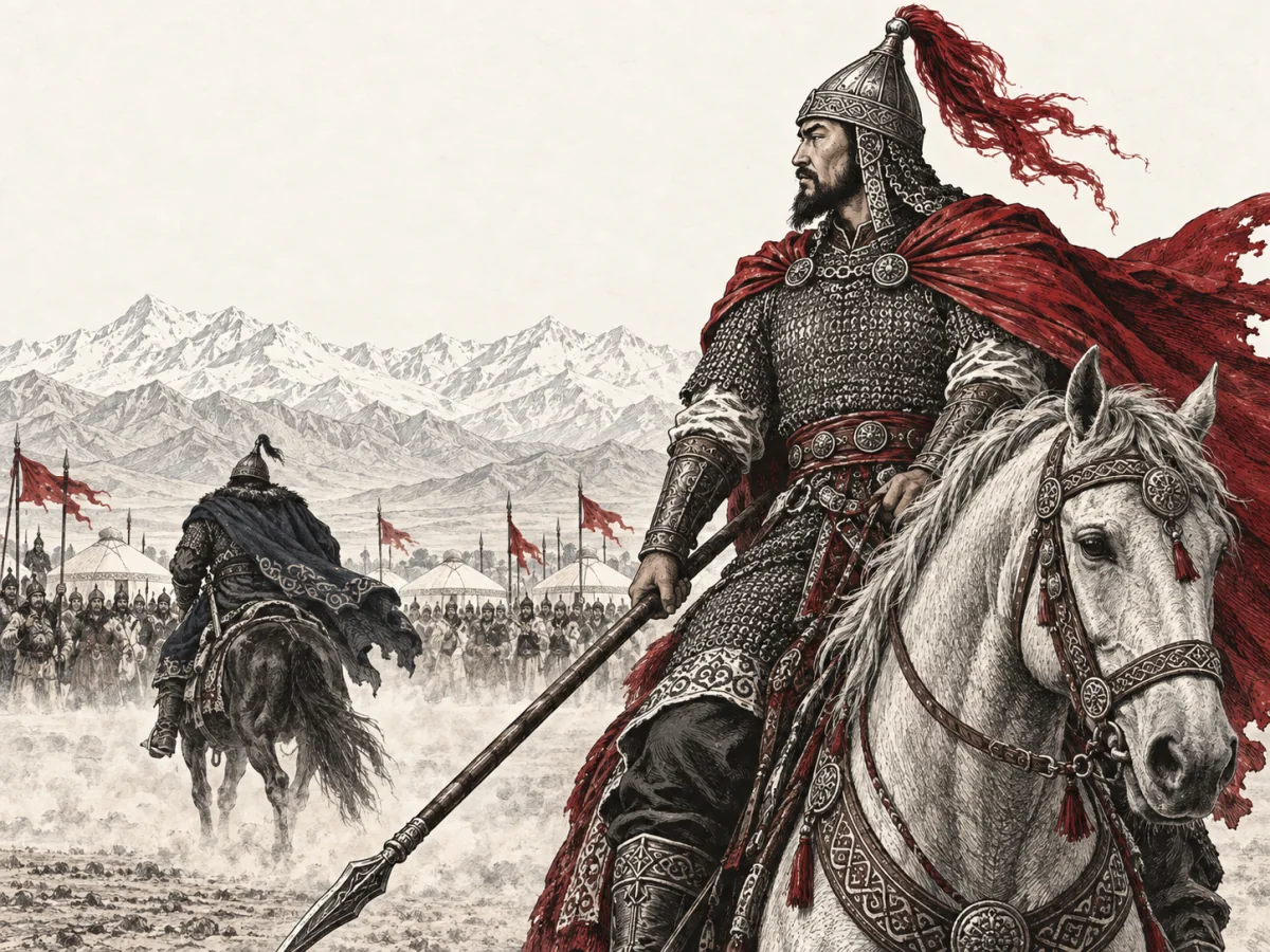 Manas steadies his horse as dust settles, with his opponent riding toward the distant gathering.