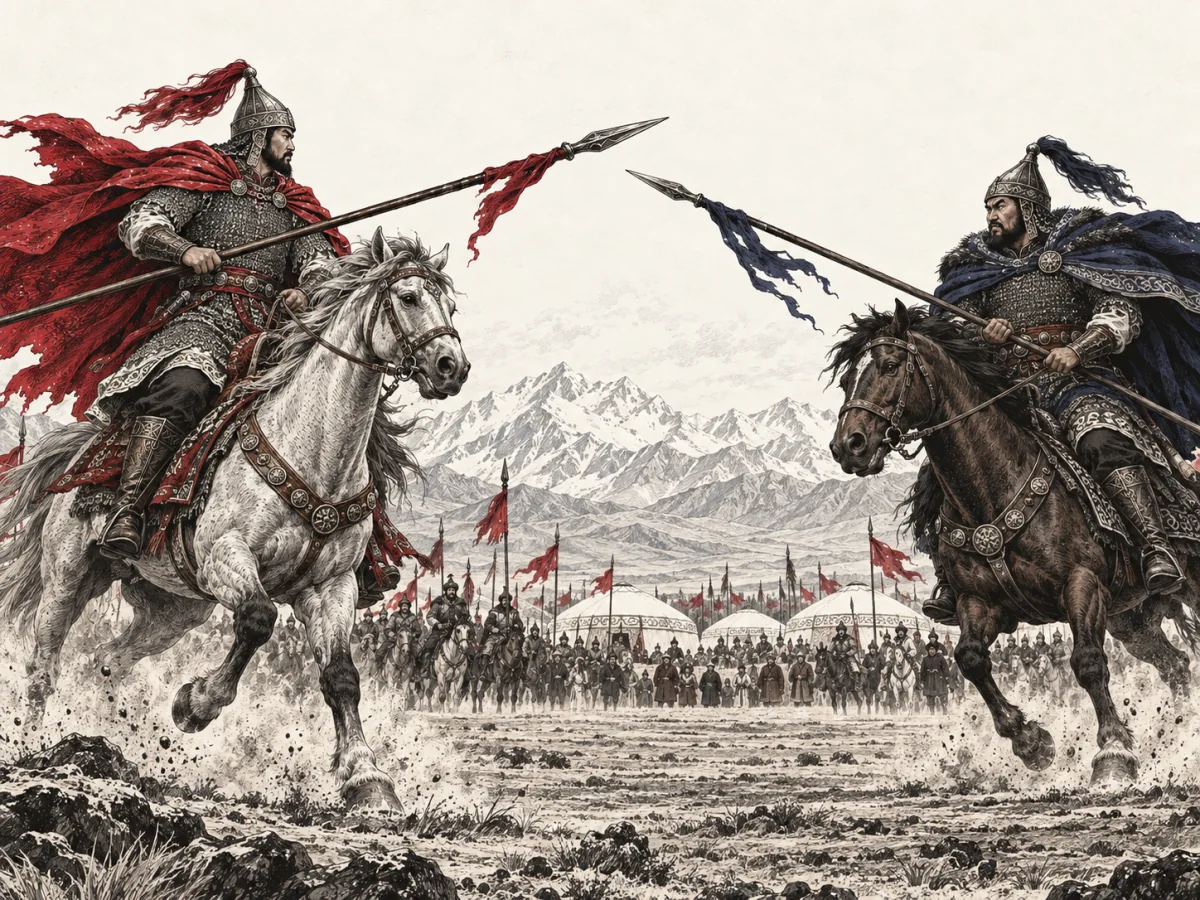 Manas in crimson and Qongurbay in indigo face one another on horseback with their lances ready.