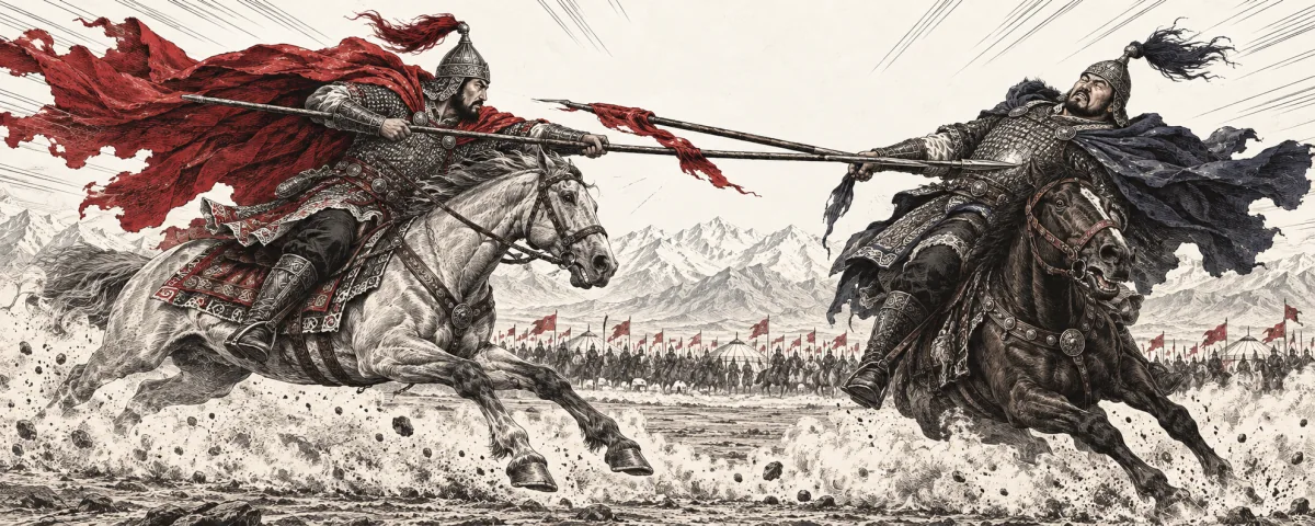 The two mounted warriors charge through dust; their lances cross as Manas strikes Qongurbay’s armor.