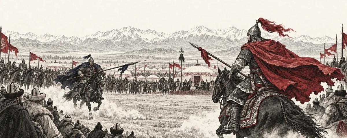 A vast gathering of white yurts and mounted guests around a tournament ground in the mountain steppe.