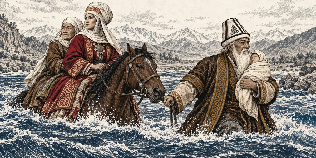 Bakai carries Semetey safely above the river as he leads a horse bearing Kanykey and Chiyrdy through the current.