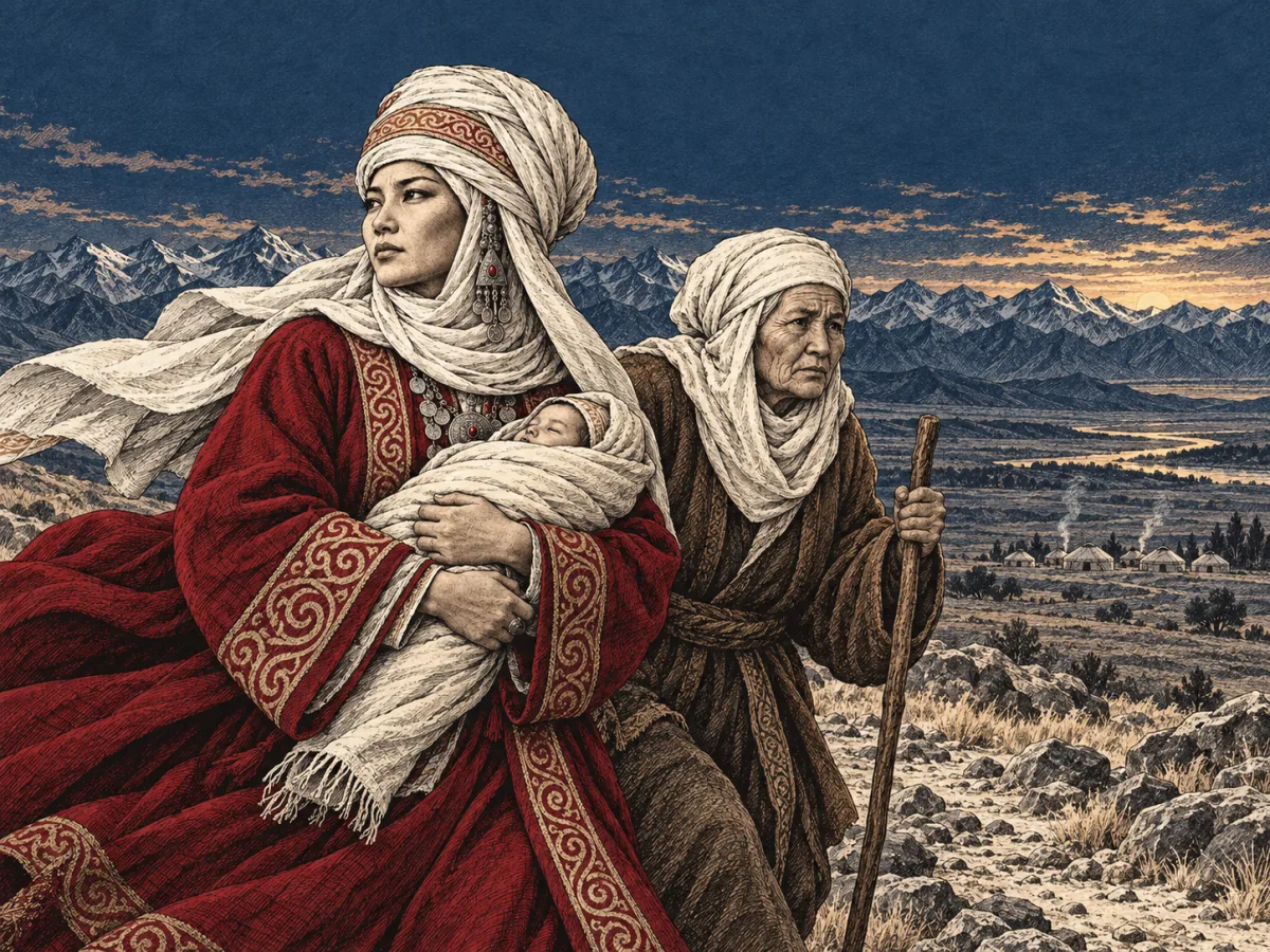 Kanykey carries swaddled Semetey while elderly Chiyrdy walks beside her across the stony steppe at dusk.