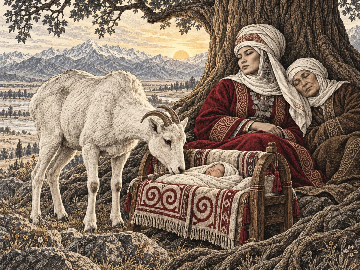 A white argali ewe stands beside Semetey’s cradle beneath a tree while Kanykey and Chiyrdy sleep nearby.