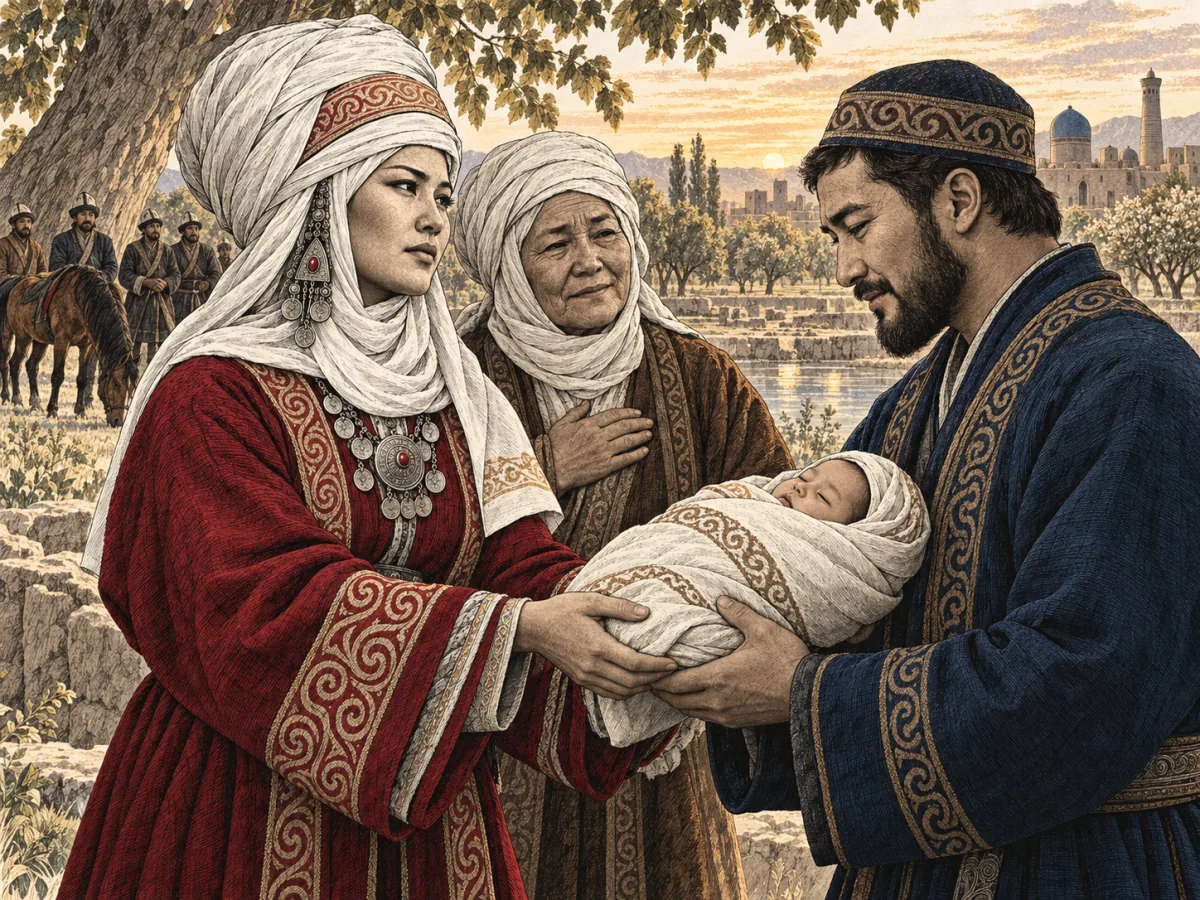 Beside an orchard pool, Kanykey gently hands baby Semetey to her brother Ismail, with Chiyrdy beside her.