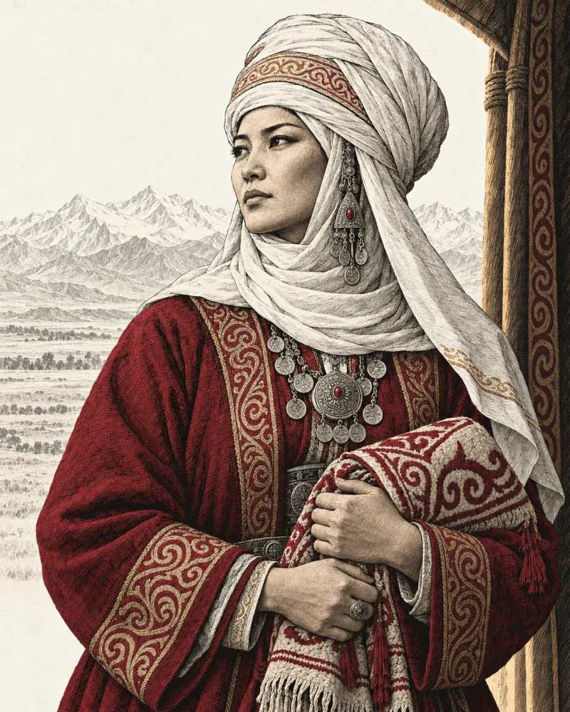 Kanykey in a white elechek and crimson embroidered coat, holding a folded textile.
