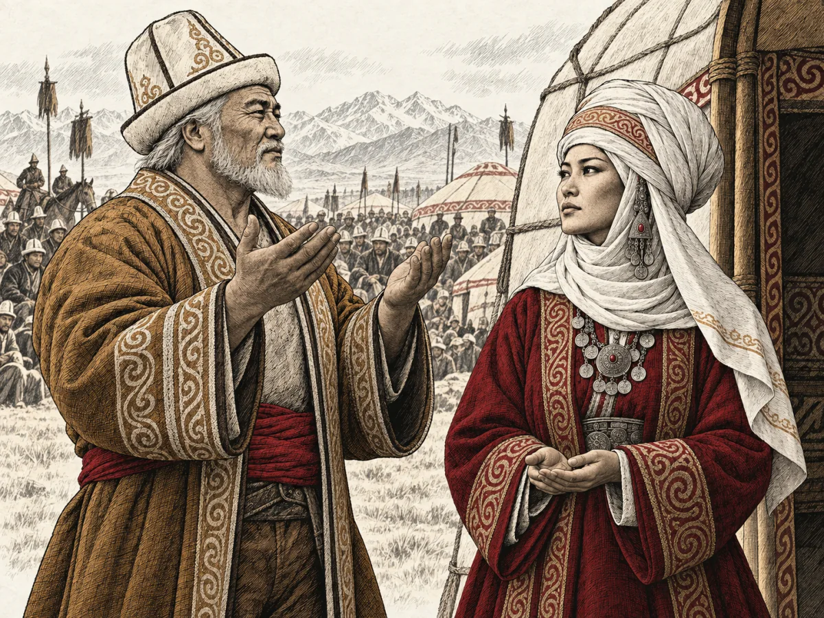 Koshoy raises his open palms in blessing before Kanykey, with yurts and mountains behind them.