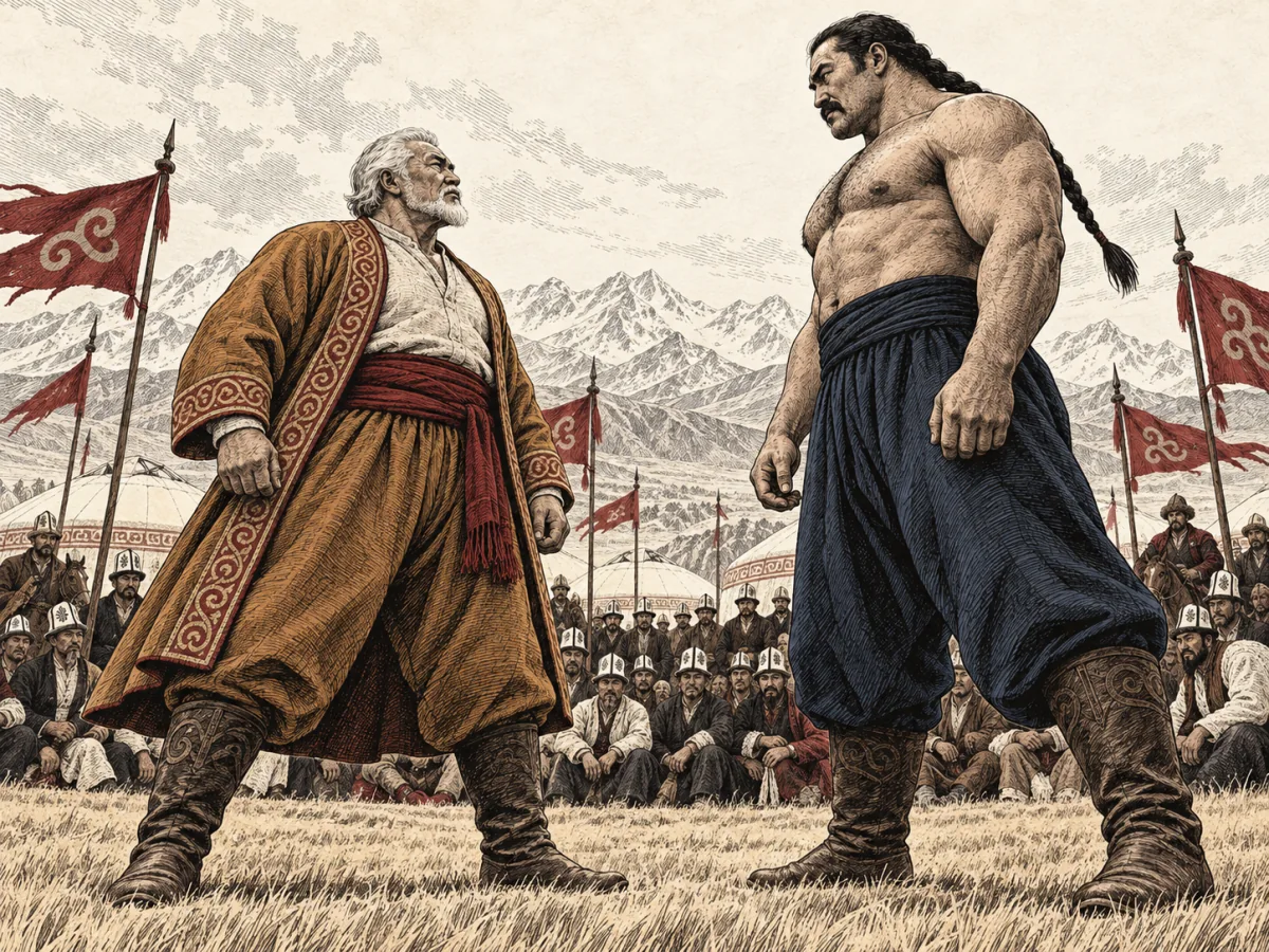 Elder Koshoy in an ochre coat faces the towering wrestler Joloy before a crowd on the mountain steppe.