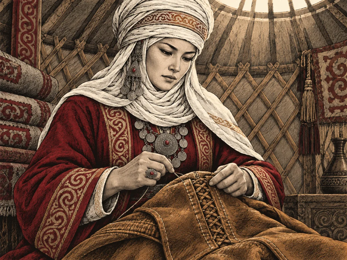 Kanykey in a white elechek and crimson embroidered coat sews reinforced leather trousers inside a yurt.