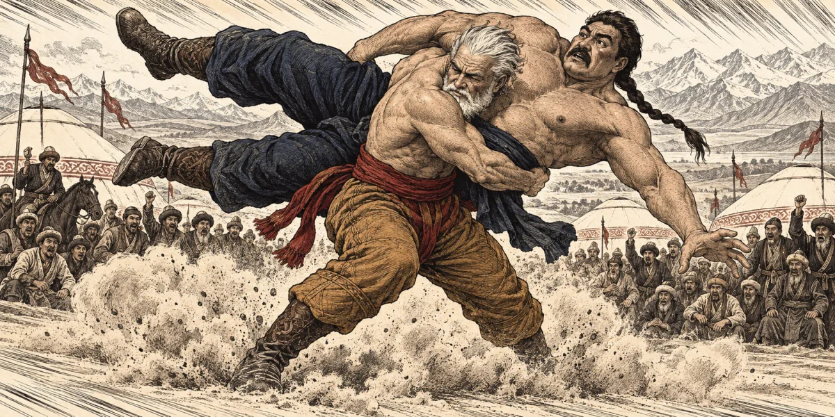 White-bearded Koshoy in ochre leather trousers throws the larger Joloy through a swirl of dust.