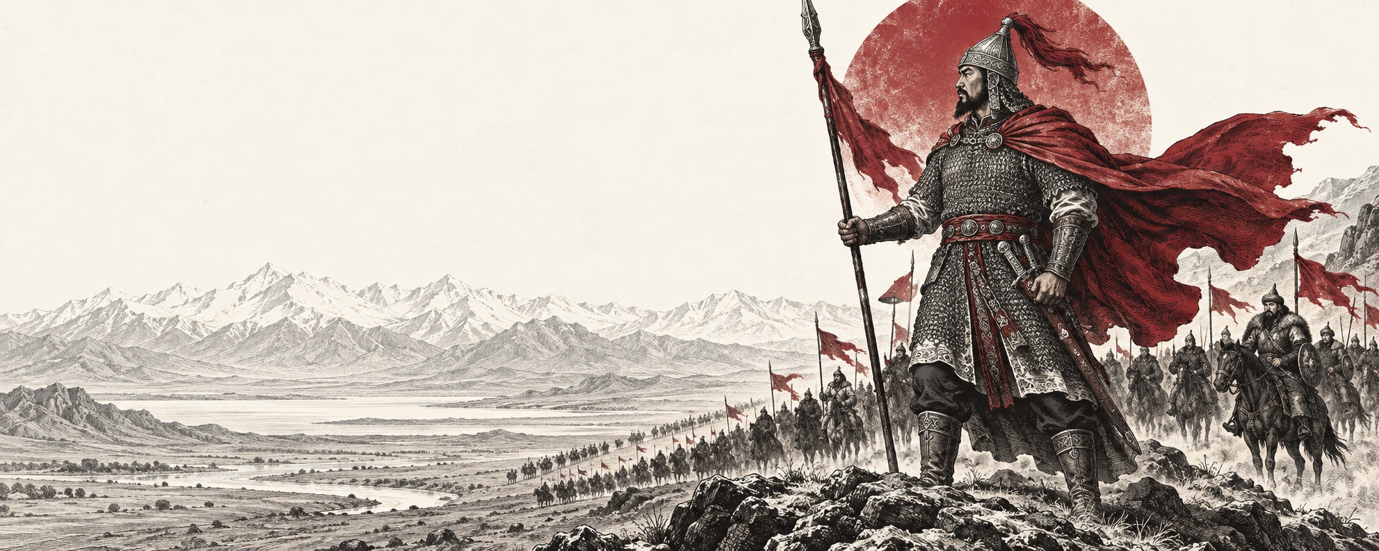 Manas and his mounted companions gather beneath their crimson banners.