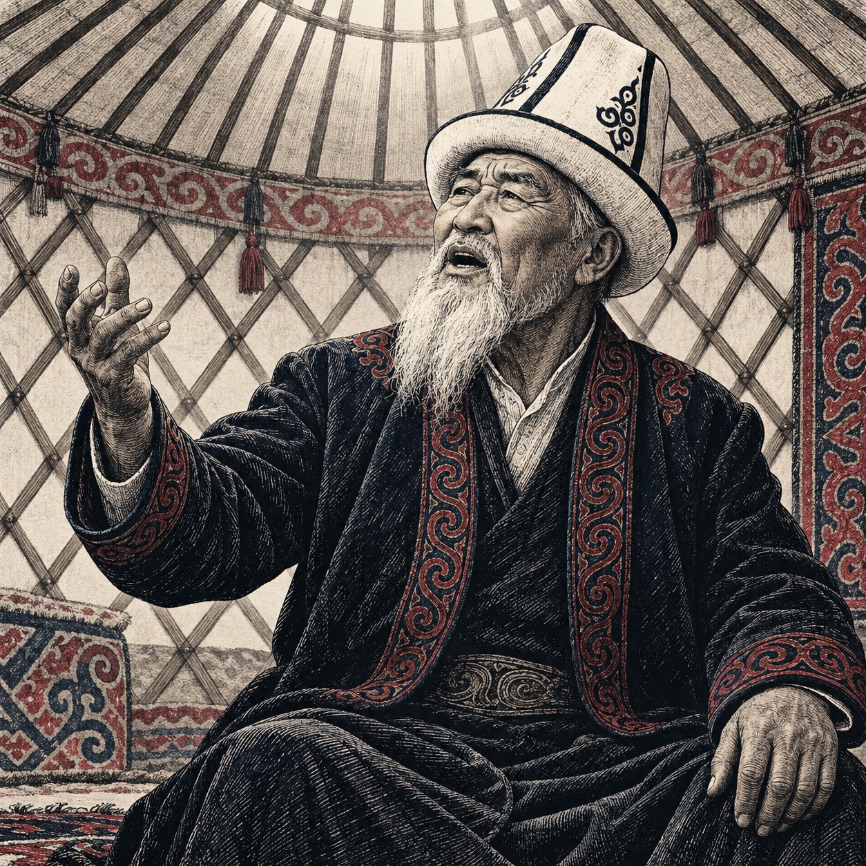 An illustrated Kyrgyz manaschi wearing a white kalpak, reciting with an expressive raised hand inside a yurt.