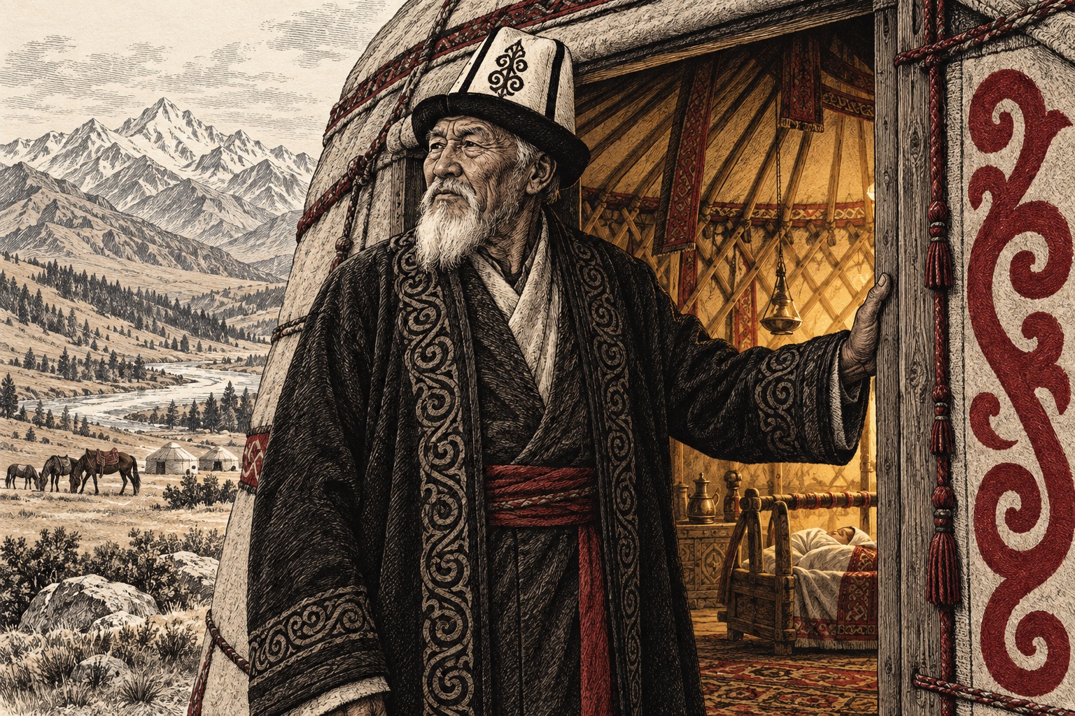 Zhakyp at the doorway of a Kyrgyz yurt, with a cradle in its warmly lit interior.