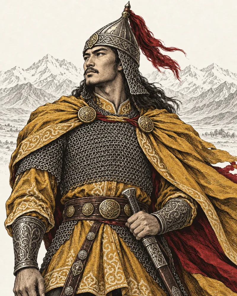 Semetey in a gold mantle and pointed helmet.