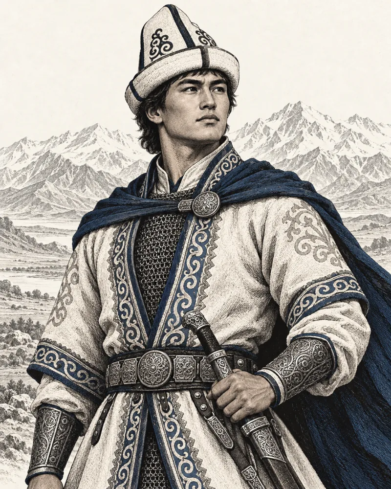 Seytek in ivory and indigo, wearing a white felt kalpak.