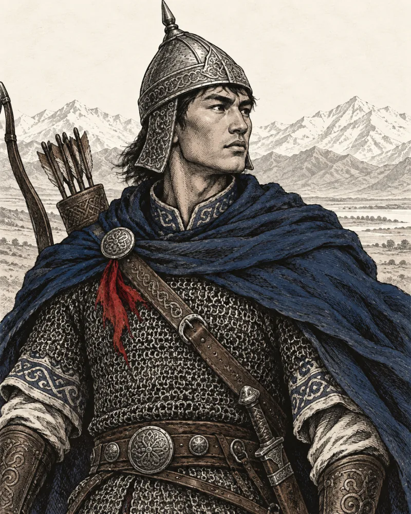 Illustrated portrait of Syrgak, a young scout in chainmail and an indigo mantle.